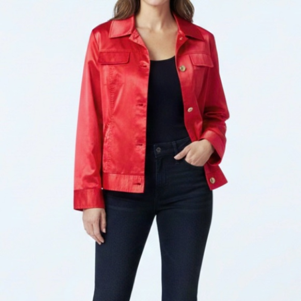 Chico’s Jacket Satin Red L/12 Evening Long Sleeve Elegant Party Work Classic Mod